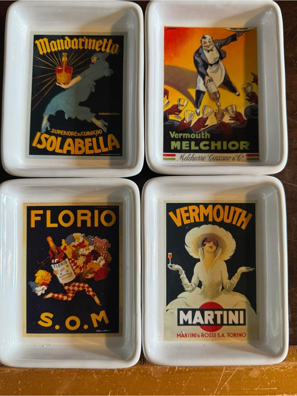 Pottery Barn Cream and Black Vintage Beverage Poster Ceramic Tray Set
